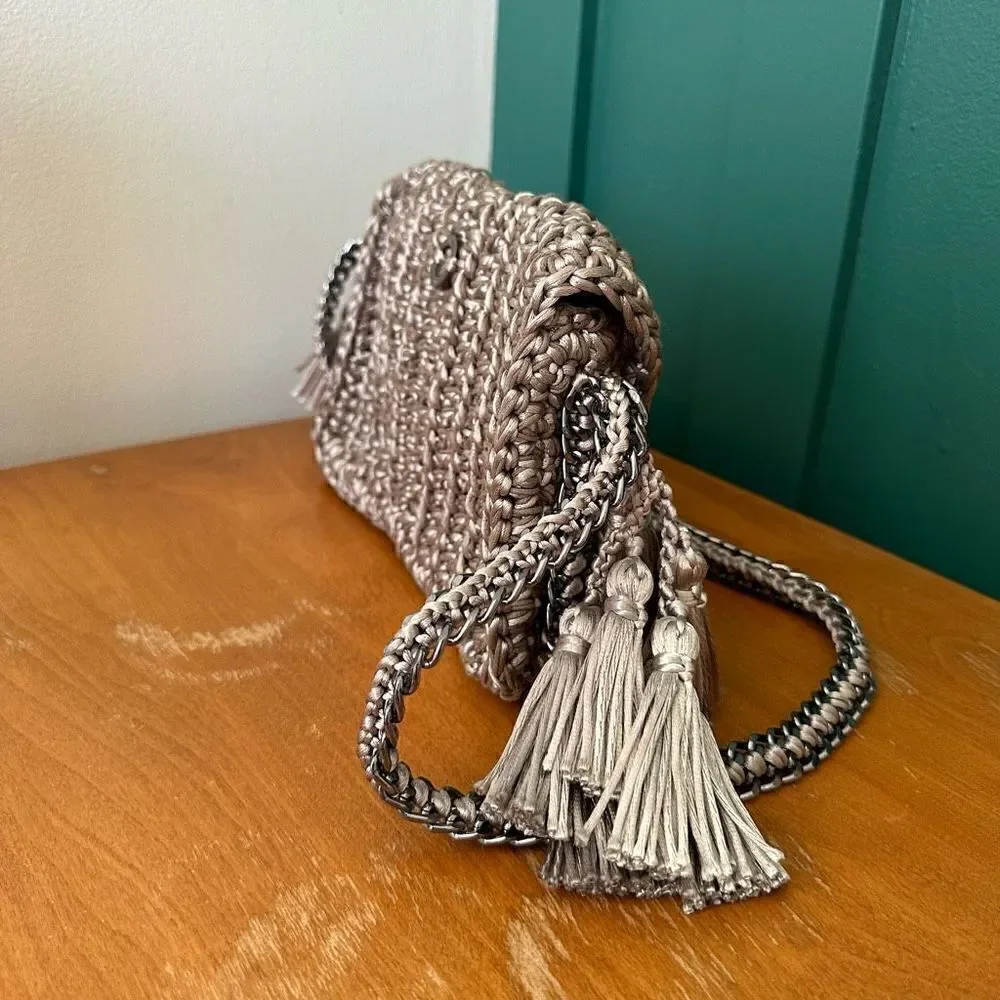 Catarina Mina Mira Handbag in Argenta Gris Crochet Pewter Silver Satin Threads